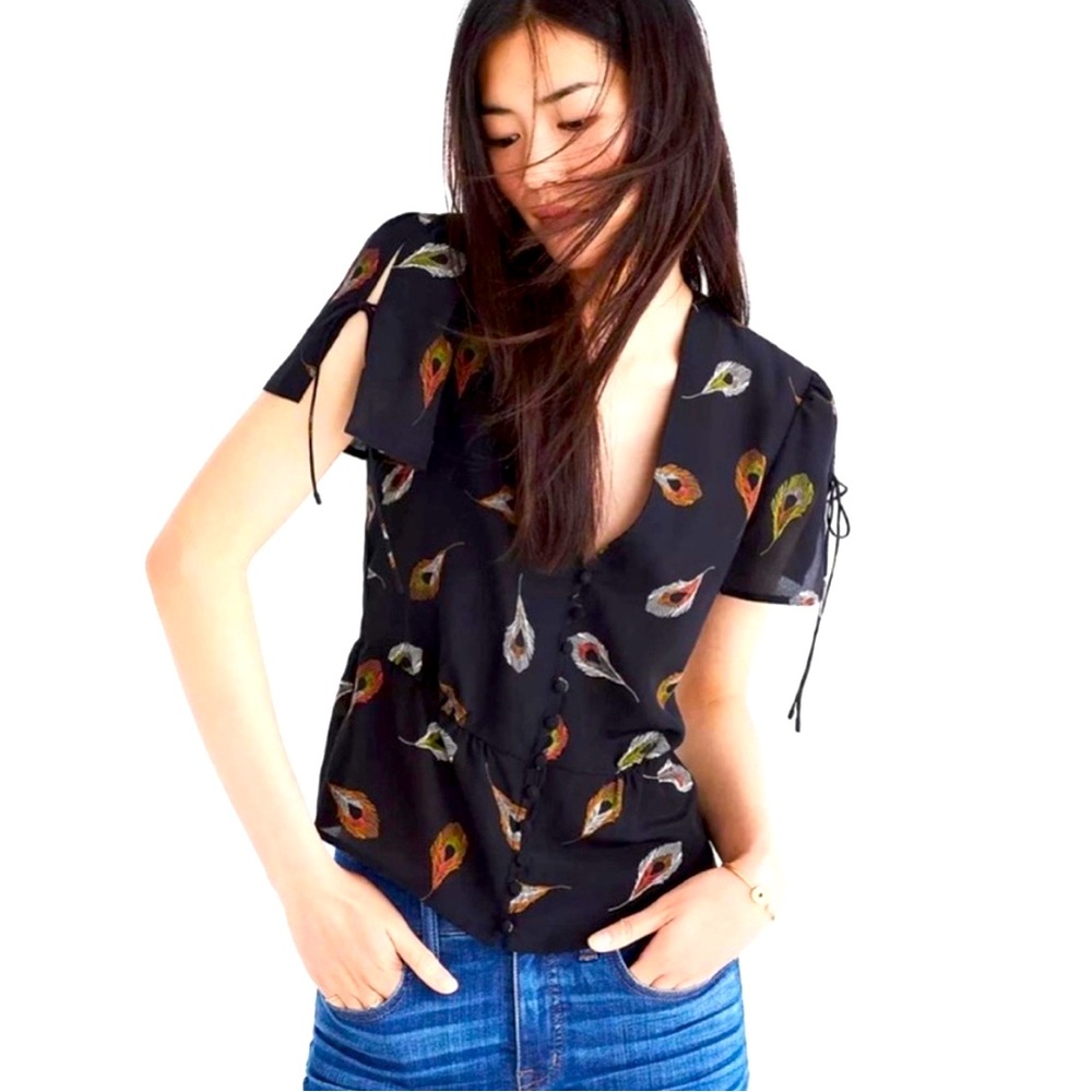 NWT Madewell 100% Silk Peplum Blouse in Peacock Print